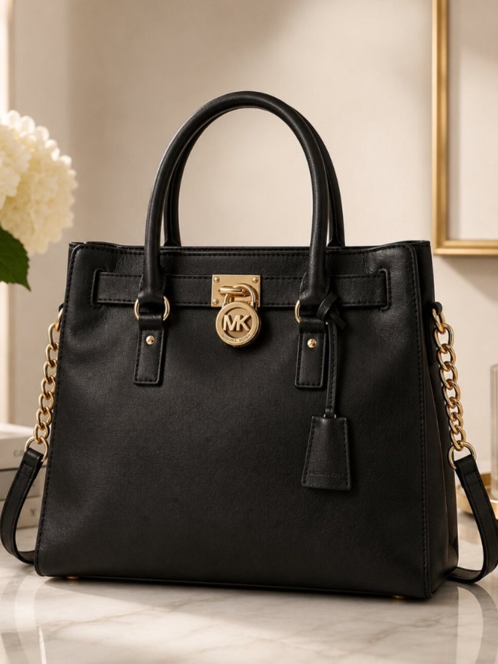 Michael Kors Black Leather Satchel with Gold Hardware- the Hamilton tote bag